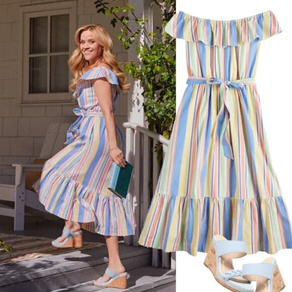 NWOT Draper James RSVP Striped Off the Shoulder Midi Dress - Picture 2 of 10